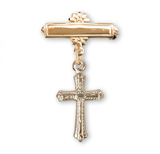 Extel Gold Over Sterling Silver Baby Cross on a Bar Pin, Catholic Baptism Gift, Made in USA