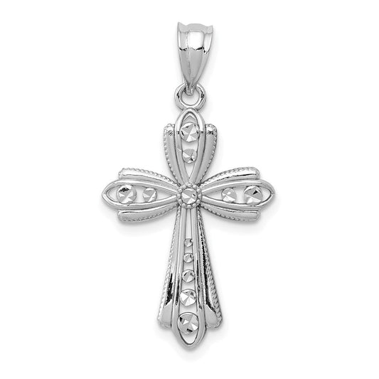 Extel Large 14k White Gold Polished Diamond Cut Fancy Cross Pendant Charm, Made in USA