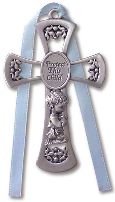 Small Protect This Child Pewter Baby Cross 3.5 Inches Gift