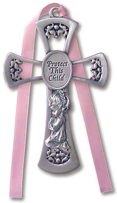 Small Protect This Child Pewter Baby Cross 3 1/2 Inch Gift