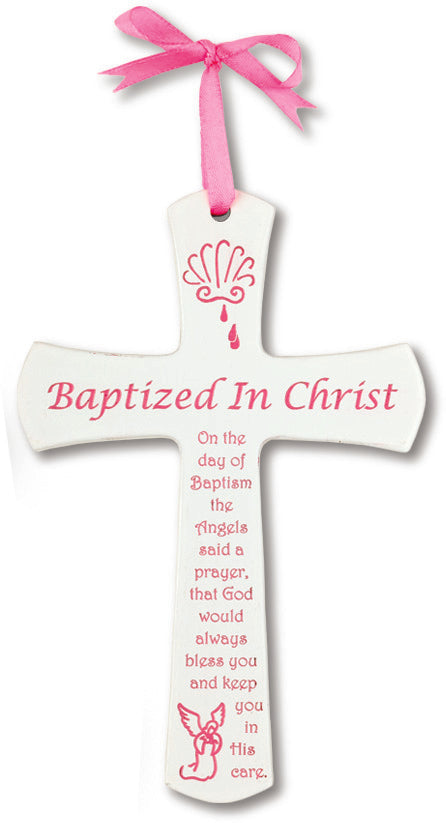 Medium Baptized in Christ Wood Baby Cross 6 Inch Pink Gift