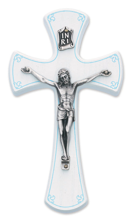Medium Wood Blue Baby Crucifix 7 Inch Wall Decor Piece