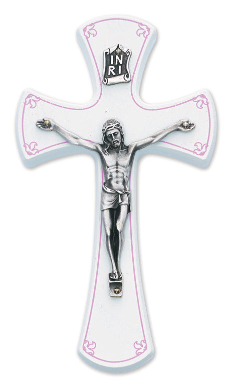 Medium Wood Pink Baby Crucifix - 7 Inch Nursery Gift