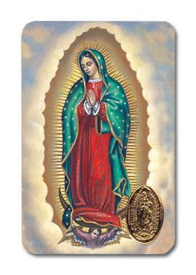 Our Lady of Guadalupe Laminated Catholic Prayer Holy Card with Medal and Prayer on Back
