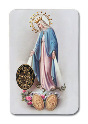 Our Lady of Miraculous Medal Laminated Catholic Prayer Holy Card with Medal and Prayer on Back