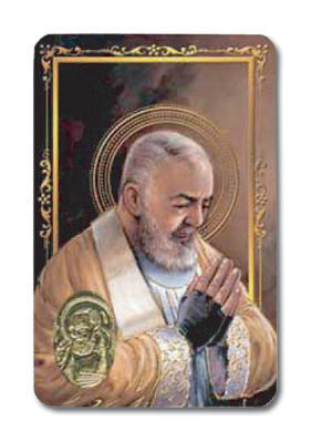 St. Padre Pio Laminated Catholic Prayer Holy Card with Medal and Prayer on Back
