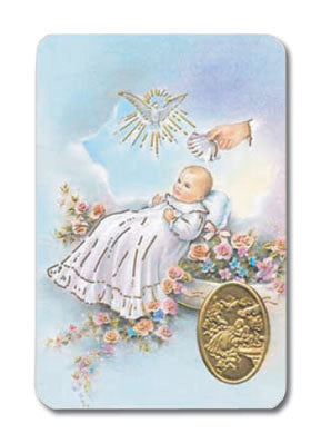 Baptism Blessing Laminated Catholic Prayer Holy Card with Medal and Prayer on Back
