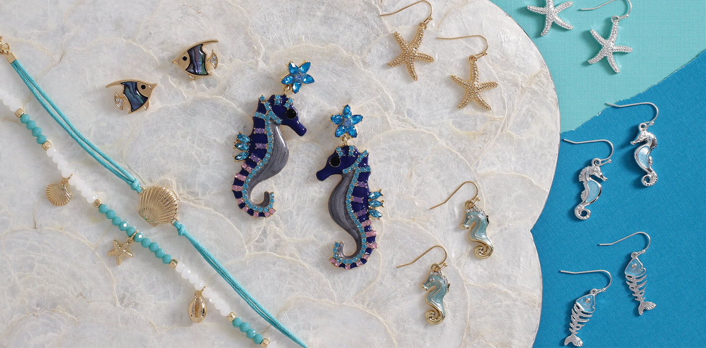 Periwinkle Aqua Blue Enamel With Dolphins Earrings Set