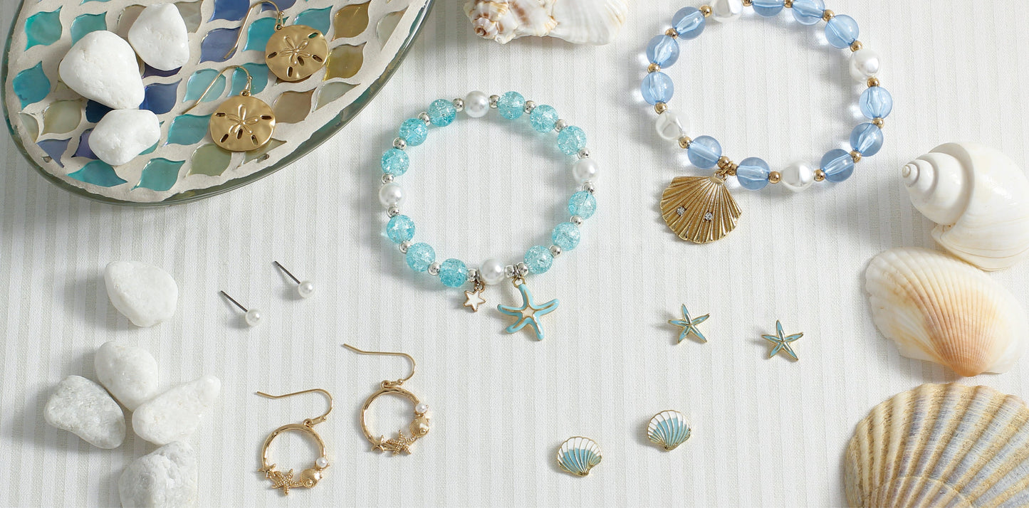 Periwinkle Mint Blue Gold Beaded Bracelets With Charms