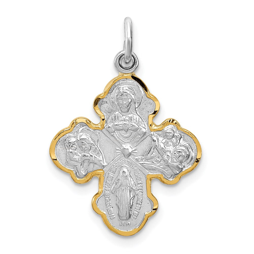 Extel Large Sterling Silver Rhodium-plated & Vermeil Catholic Four Way Medal Pendant Charm, Made in USA