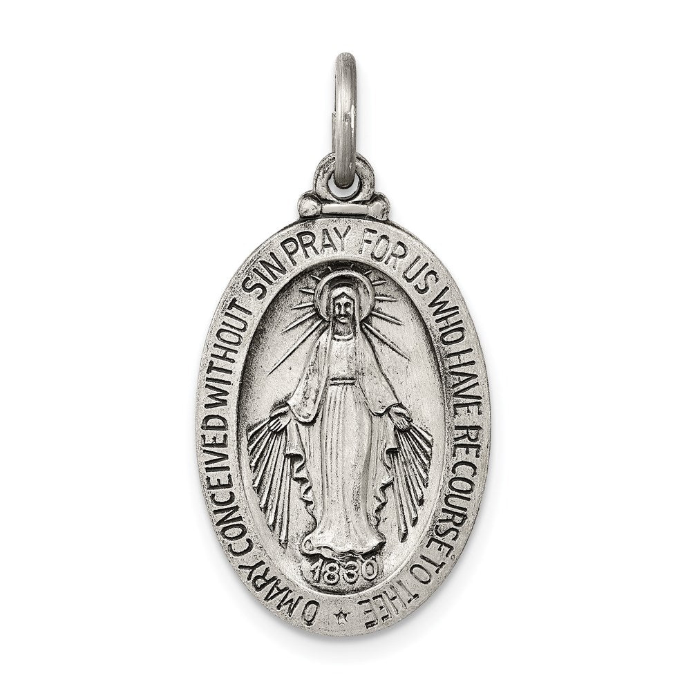 Extel Large Sterling Silver Antiqued Miraculous Medal Pendant Charm, Made in USA