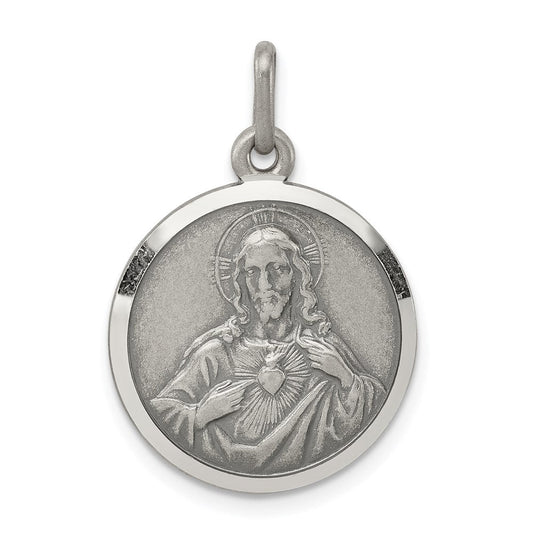 Extel Large Sterling Silver Catholic Sacred Heart of Jesus Medal Pendant Charm