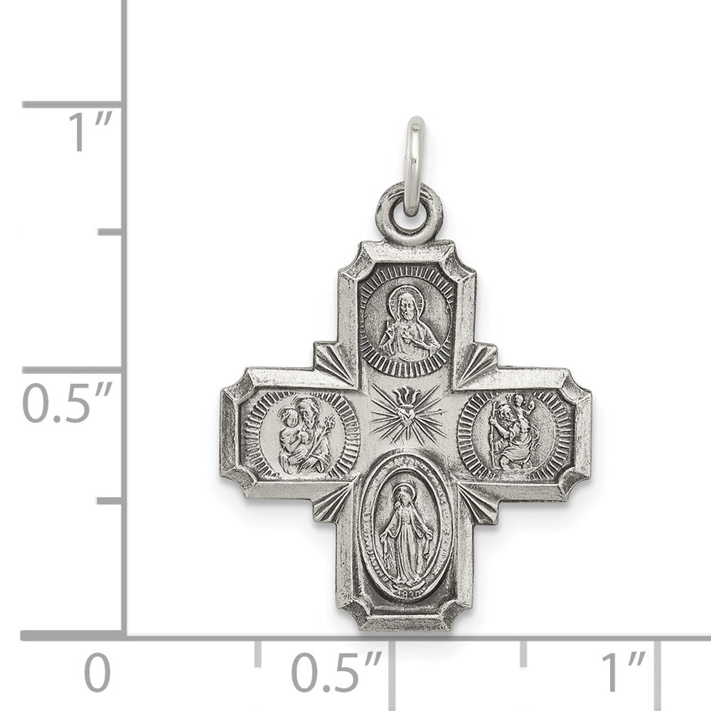 Extel Large Sterling Silver Antiqued Reversible Catholic Four Way Medal Pendant Charm, Made in USA