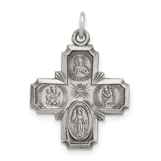 Extel Large Sterling Silver Antiqued Reversible Catholic Four Way Medal Pendant Charm, Made in USA