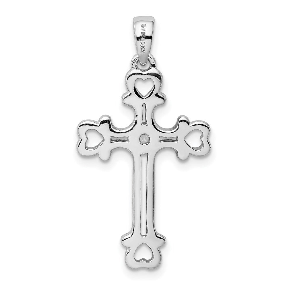 Extel Large Sterling Silver Rhodium-plated Cubic Zirconia Heart Budded Cross Pendant Charm