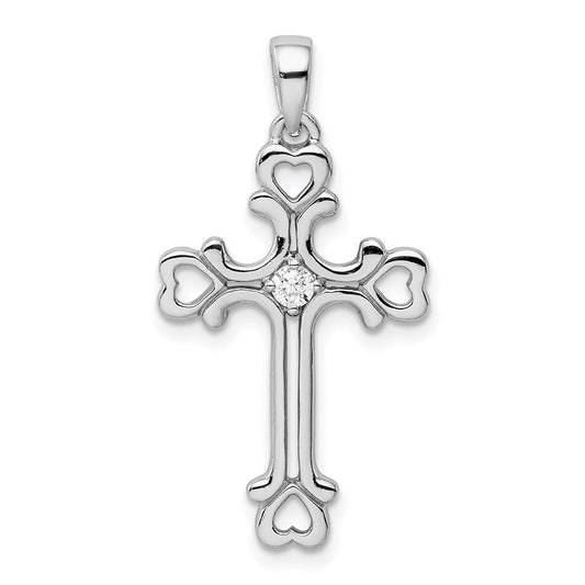 Extel Large Sterling Silver Rhodium-plated Cubic Zirconia Heart Budded Cross Pendant Charm