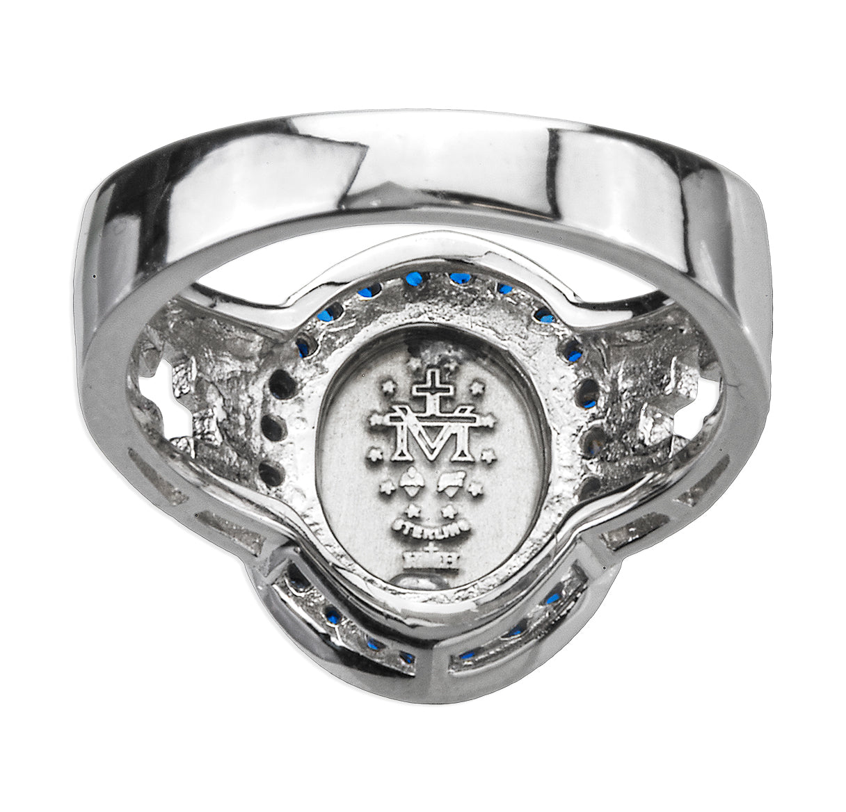 Sterling Silver Miraculous Medal Ring with Sapphire Cubic Zircon