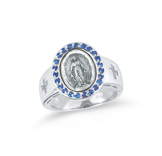 Sterling Silver Miraculous Medal Ring with Sapphire Cubic Zircon Front