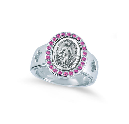 Sterling Silver Miraculous Medal Ring with Pink Cubic Zircon Front