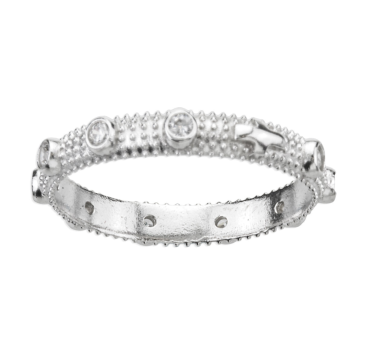 Slim Sterling Silver Rosary Ring with Cubic Zirconia Design