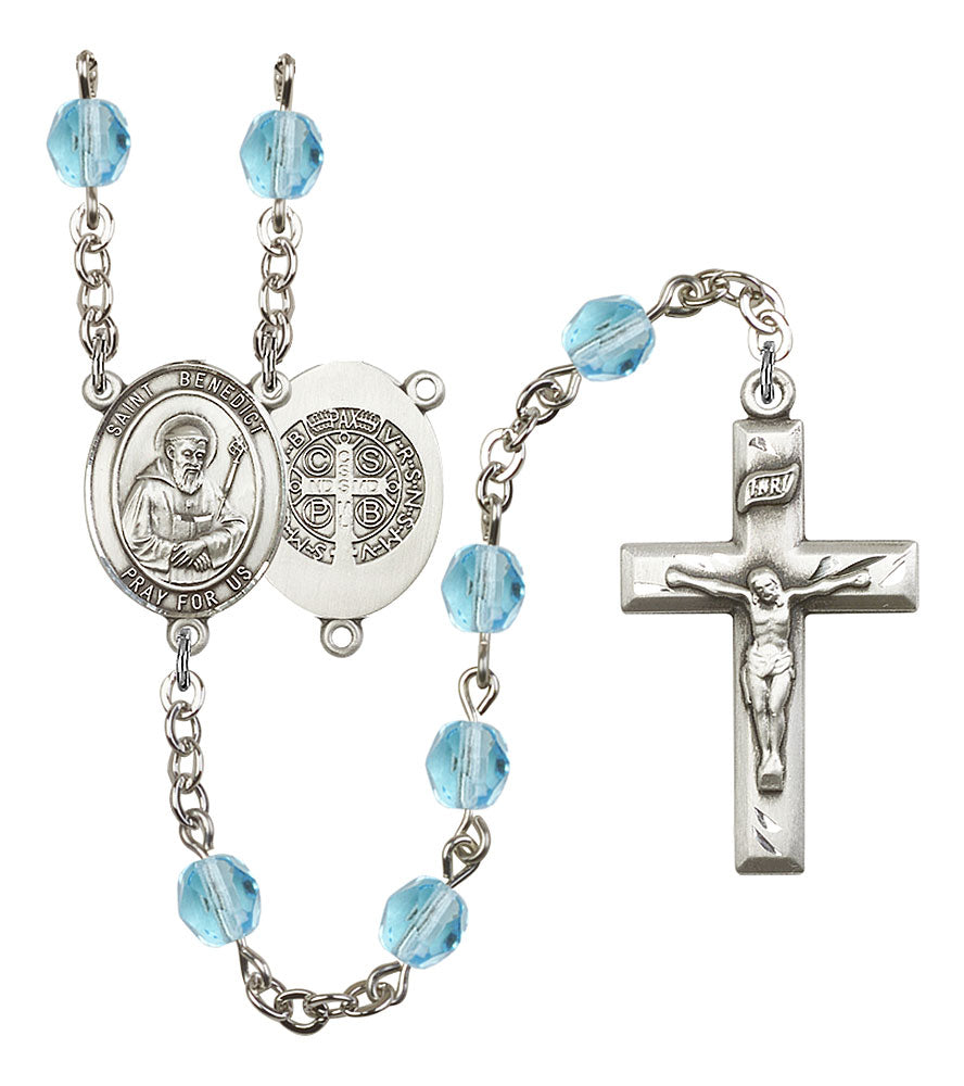 Extel St. Benedict Catholic Rosary Beads March Birthstone Aqua