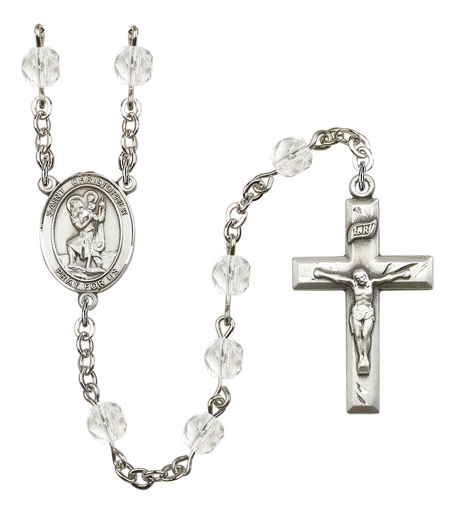 Extel St. Christopher Catholic Rosary Beads April Birthstone Crystal