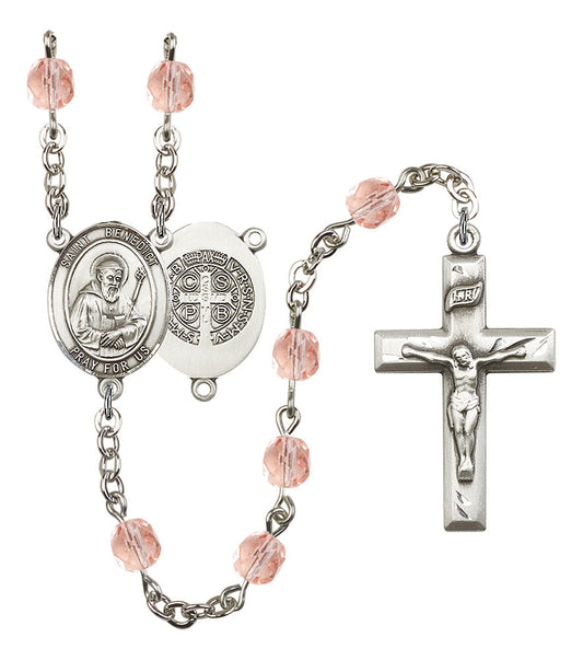 Extel St. Benedict Catholic Rosary Beads October Birthstone Rose