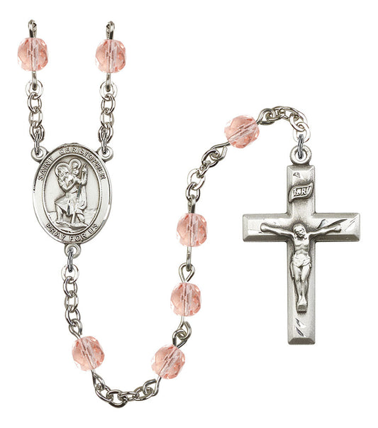 Extel St. Christopher Catholic Rosary Beads October Birthstone Rose
