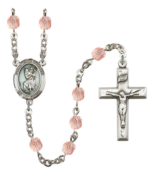 Extel St. Christopher Catholic Rosary Beads October Birthstone Rose