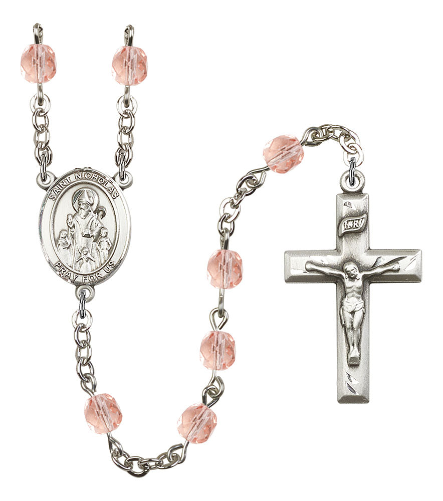 Extel St. Nicholas Catholic Rosary Beads October Birthstone Rose