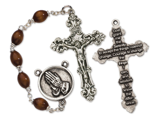 Men's Serenity Prayer Large Brown Catholic Rosary Beads Wood Beads