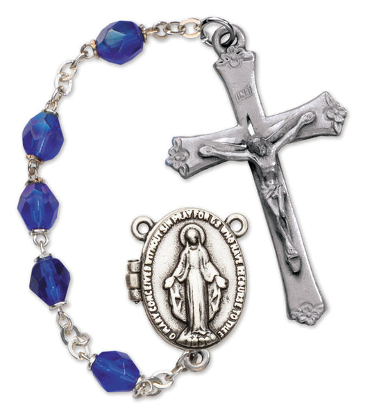 Women's Miraculous Medal Medium Blue Catholic Rosary Beads, Aurora Borealis beads