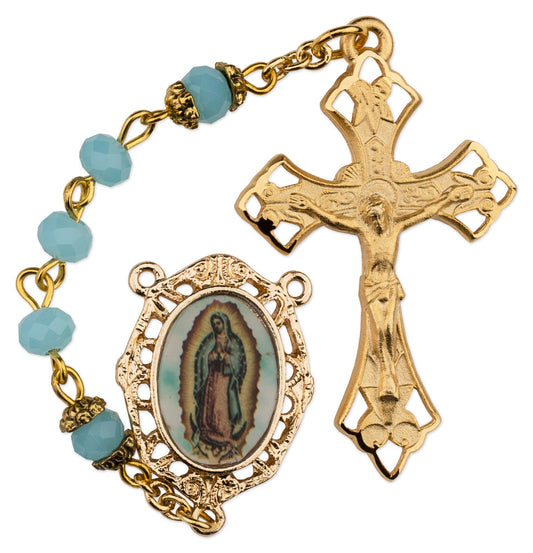 Women's Our Lady of Guadalupe Medium Aqua Catholic Rosary Beads, Glass beads