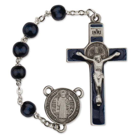 Men's St. Benedict Large Blue Catholic Rosary Beads, Wood beads