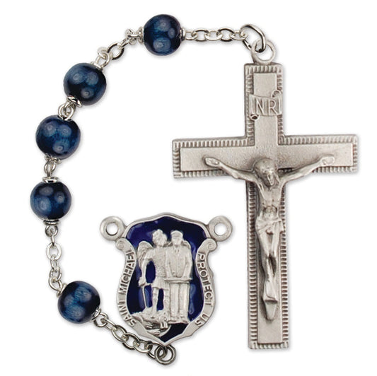 Men's St. Michael Large Blue Catholic Rosary Beads Wood Beads