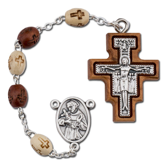 Men's San Damiano Medium Brown Catholic Rosary Beads Wood Beads