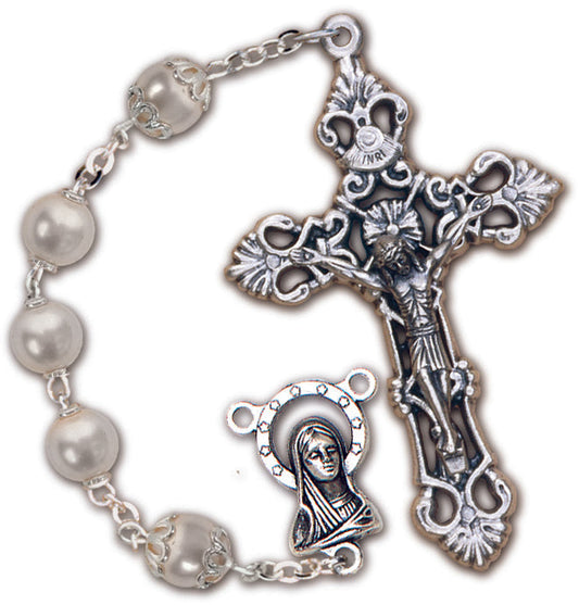 Women's Medium White Catholic Rosary Beads Glass Beads 7mm