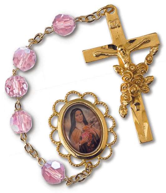 Women's St. Therese Medium Rose Catholic Rosary Beads, Aurora Borealis beads
