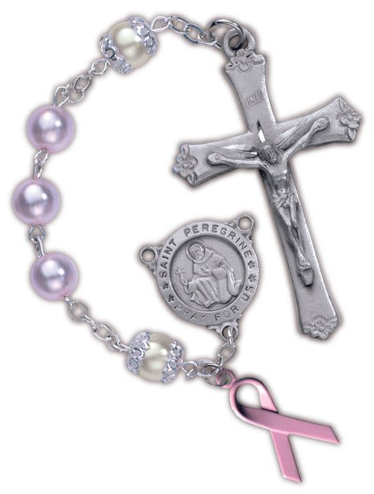 Women's St. Peregrine Medium Pink Catholic Rosary Beads, Glass beads
