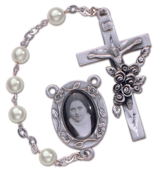 Women's St. Therese Medium White Catholic Rosary Beads, Glass beads