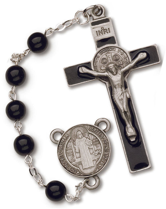 Men's St. Benedict Medium Black Catholic Rosary Beads Glass Beads
