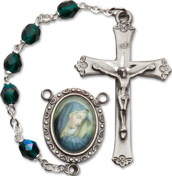 Women's Our Lady of Sorrow Emerald Rosary Beads Aurora Borealis