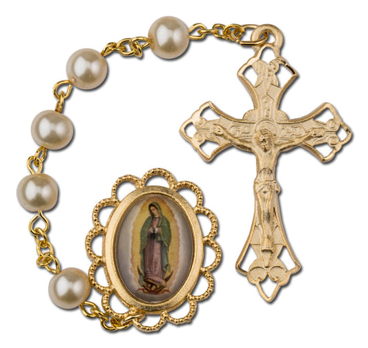 Women's Our Lady of Guadalupe Medium White Catholic Rosary Beads, Glass beads