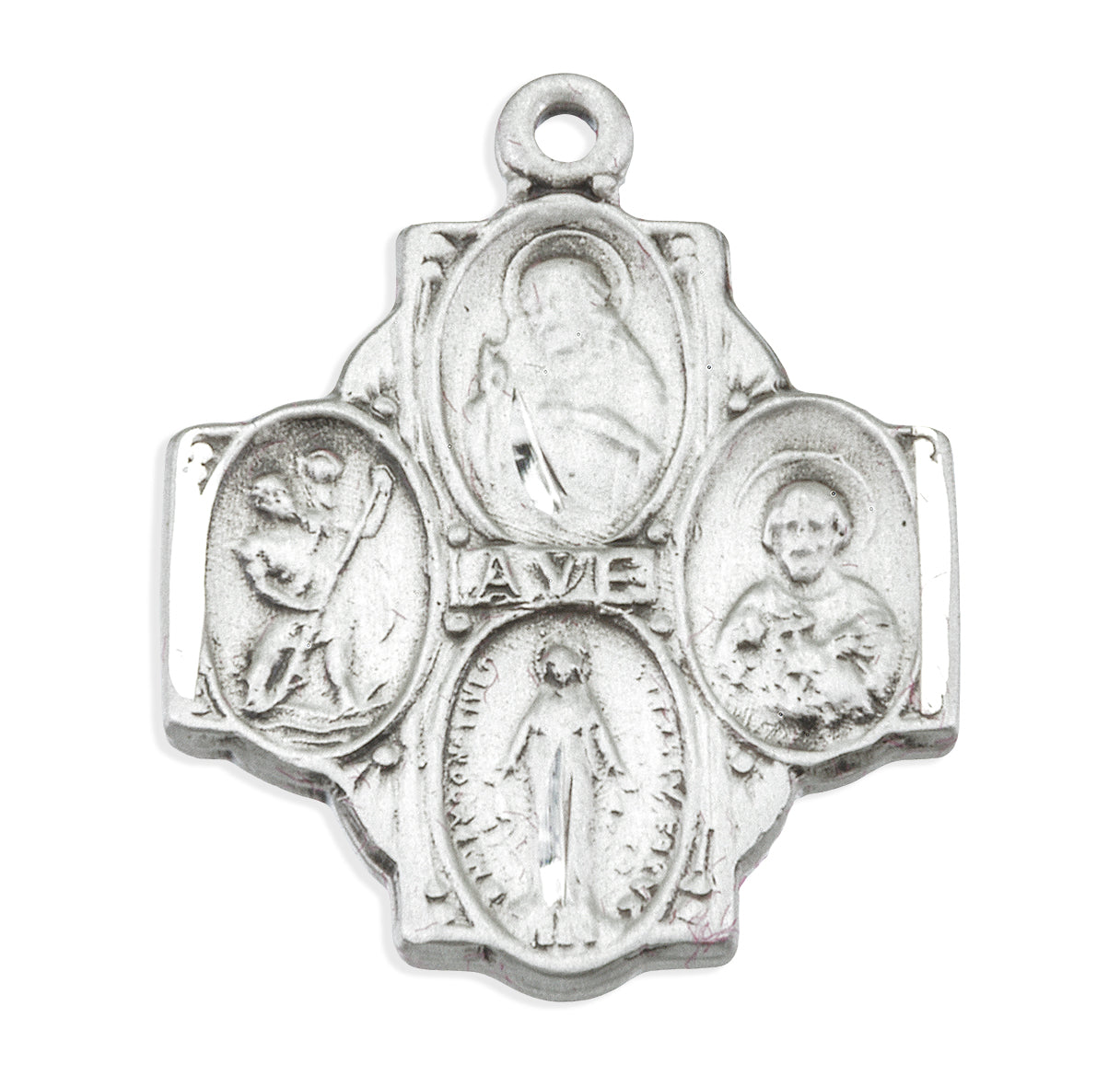 Extel Silver Catholic 4-Way Medal Cross Necklace For Devotion