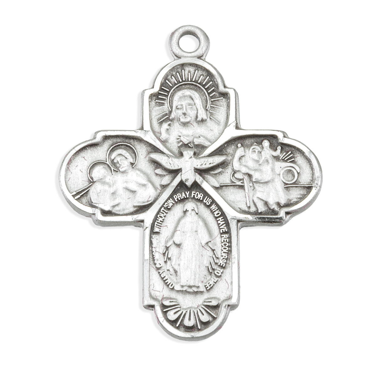 Extel Silver Catholic 4-Way Medal Cross Necklace for Devotion