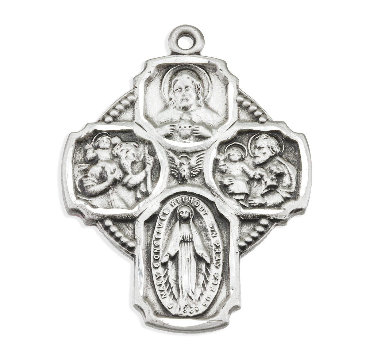 Extel Silver Catholic 4-Way Medal Cross Necklace Gift