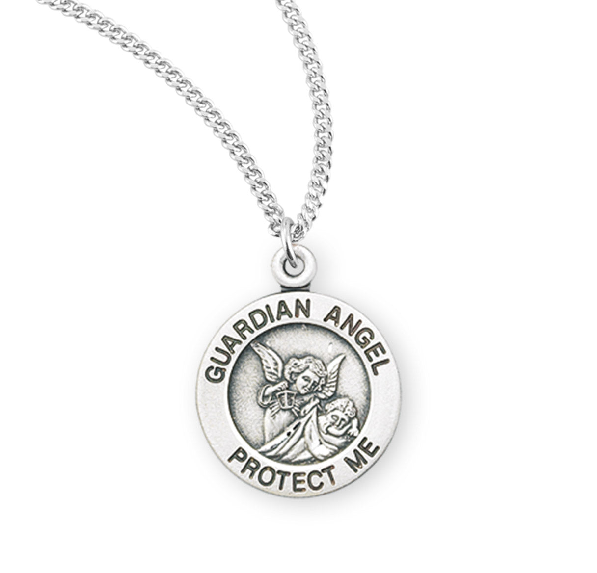 Guardian Angel Round Sterling Silver Medal Pendant Necklace