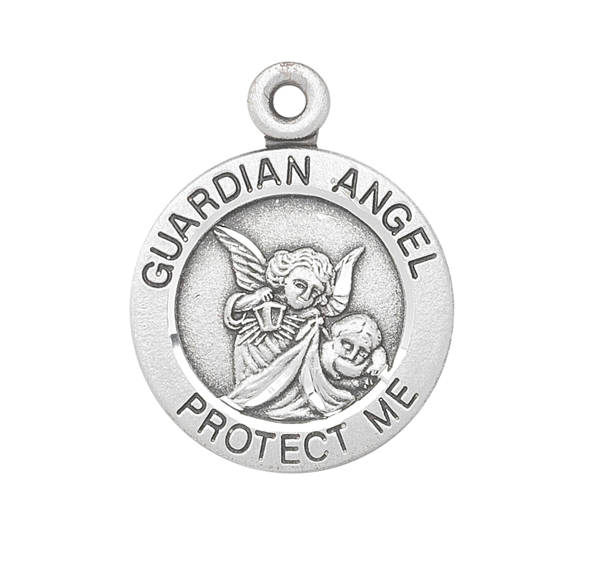 Guardian Angel Round Sterling Silver Medal Pendant Necklace