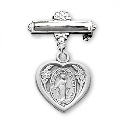 Extel Sterling Silver Heart Shaped Baby Miraculous Medal on a Bar Pin, Catholic Baptism Gift, Made in USA