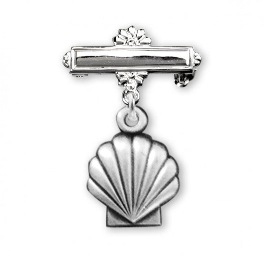 Extel Sterling Silver Baby Holy Baptism Shell Medal on a Bar Pin, Catholic Baptism Gift, Made in USA